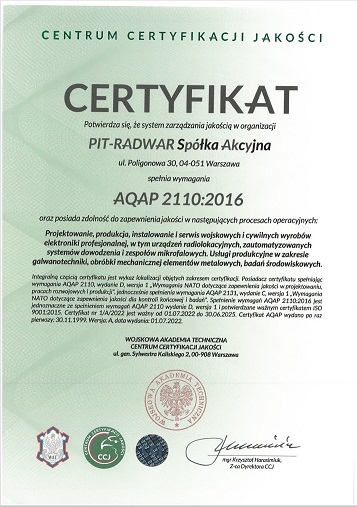 Certyfikat Systemu Jakości - AQAP 2110-2016